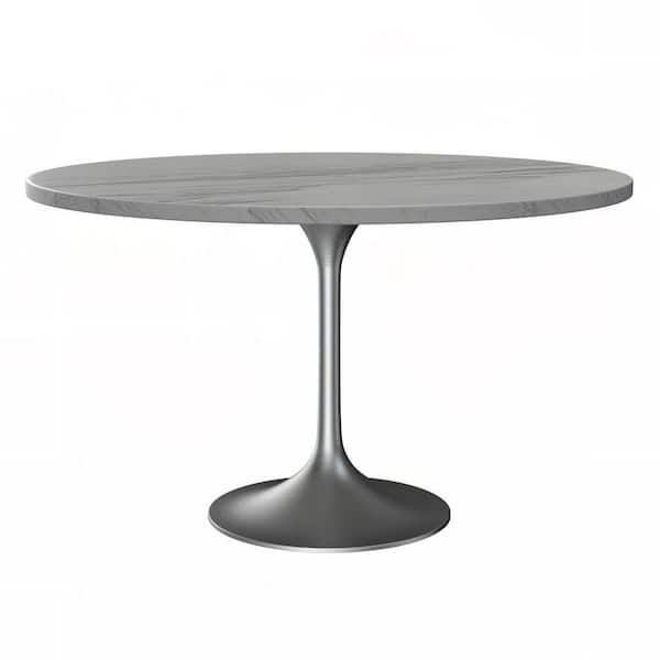 Leisuremod Verve Mid-Century Modern White Marble Top 47.24 in. Pedestal Dining Table Seats 6 with Brushed Chrome Base