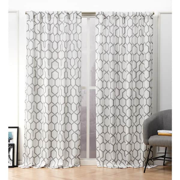 NICOLE MILLER NEW YORK Hexa Black Pearl Geometric Light Filtering Hidden Tab / Rod Pocket Curtain, 54 in. W x 108 in. L (Set of 2)