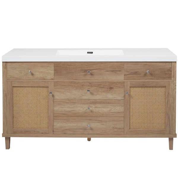 60 in. Freestanding Antique Natural Bath Vanity with White Cultured Marble Top Unassembled