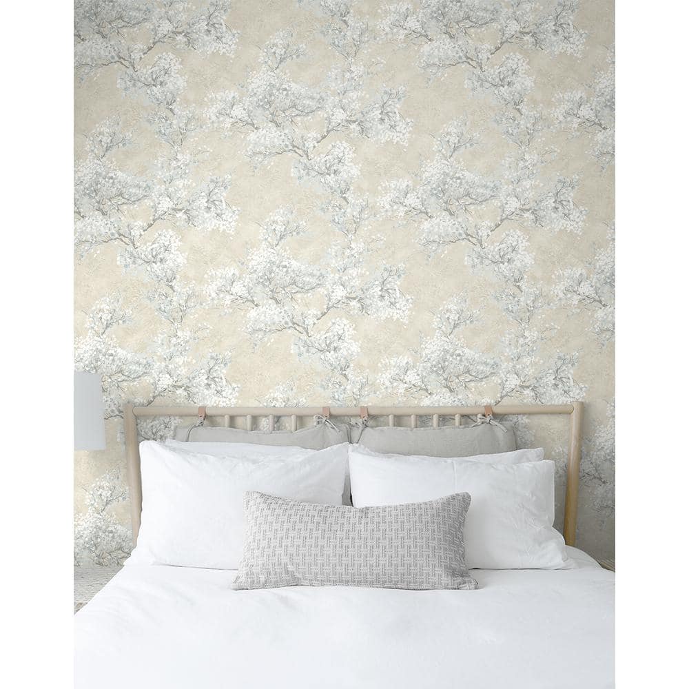 Parchment & Morning Fog Vinyl Floral Peel and Stick Wallpaper