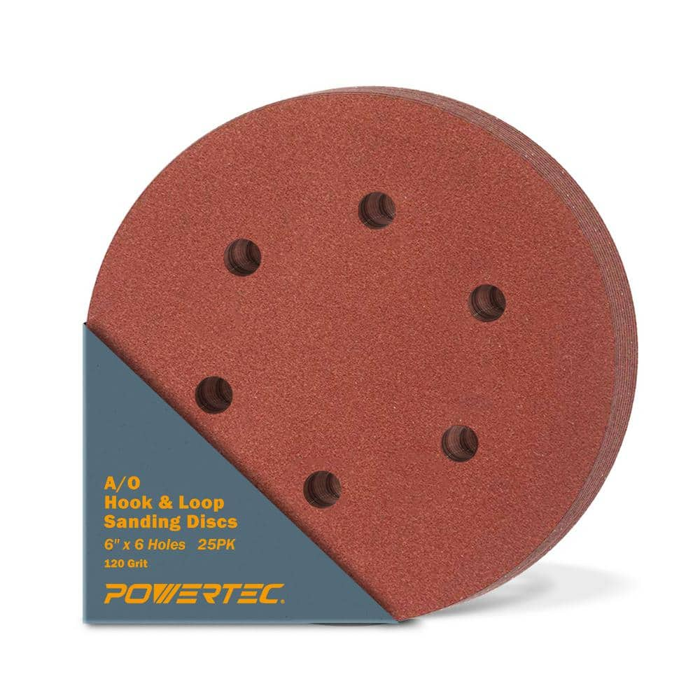 POWERTEC 6 In 120 Grit Aluminum Oxide Hook And Loop 6 Hole Disc 25 Pack 45212 The Home Depot