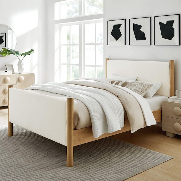 Maven Brown Wood Frame Queen Platform Bed with Upholstered Boucle Headboard and Footboard