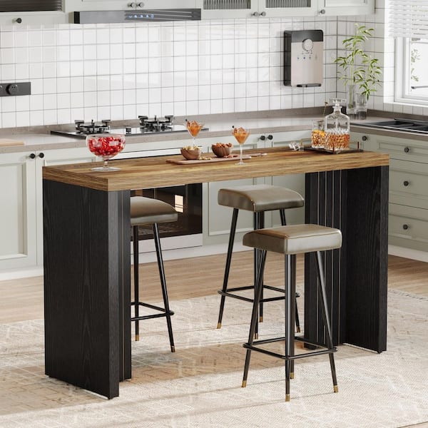 Adan 55.12 in. Rectangle Brown Black Mini Modern Freestanding Bar Table Unit Faux Marble Finished Tabletop Home Kitchen