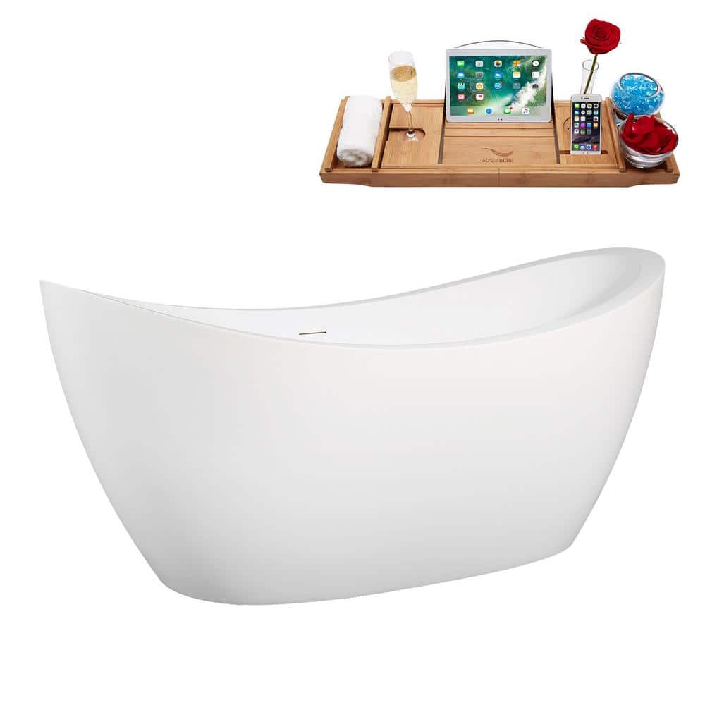 67" Glossy White Acrylic Freestanding Double Slipper Tub with Bamboo Tray