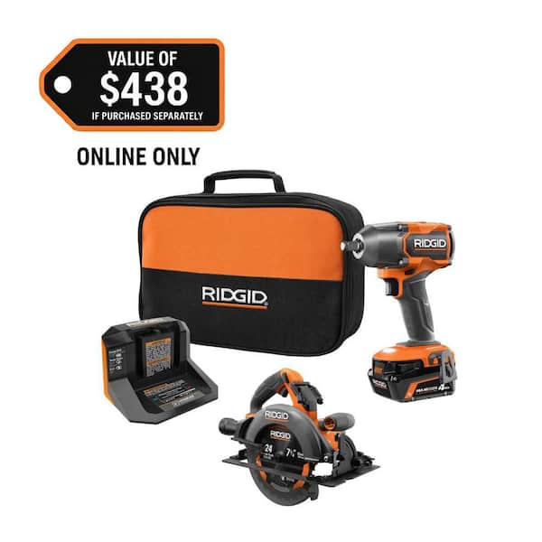RIDGID 18V Brushless Cordless 2-Tool Combo Kit w/ 1/2 in. Impact Wrench, Circular Saw, 4.0 Ah MAX Output Battery, and Charger
