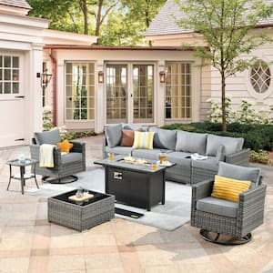 Sanibel Gray 9-Piece Wicker Outdoor Patio Conversation Sofa Sectional Set with a Metal Fire Pit and Dark Gray Cushions