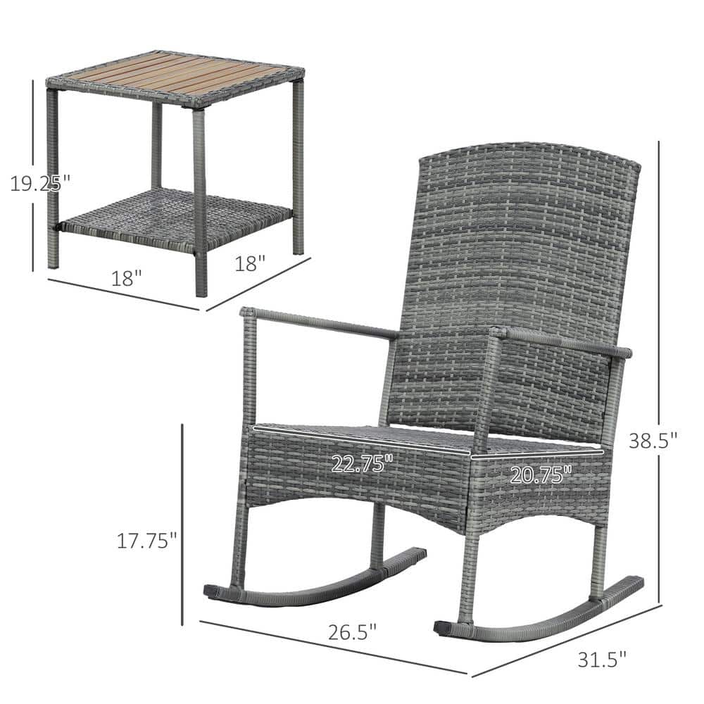 Gray PE Rattan Rocking Chair Set with Cushions and Wood Table