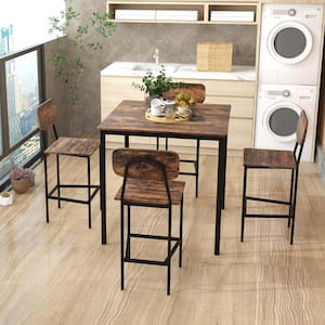 5-Piece Square Brown Wood Industrial Dining Table Set with Counter Height Table and 4 Bar Stools Black