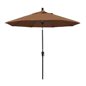 9 ft. Bronze Aluminum Pole Market Aluminum Ribs Auto Tilt Crank Lift Patio Umbrella in Teak Sunbrella