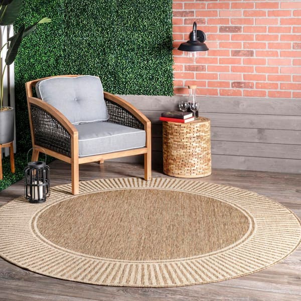 Striped Border Flatweave Light Brown 8 ft. Outdoor Area Rug