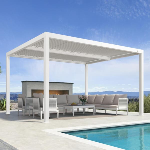 PURPLE LEAF 11 ft. x 13 ft. White Aluminum Frame Outdoor Hardtop Louvered Pergola with Adjustable Rainproof Roof and In-Built Gutter