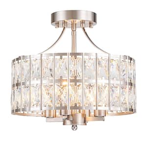 12.6 in. 4-Light Round Nickel Drum Semi Flush Mount Ceiling Light with Clear Crystal Glass with No Bulbs Included