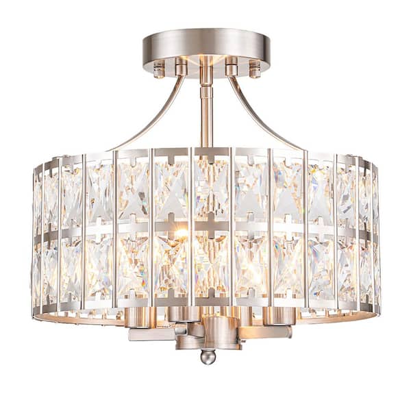 Sefinn Four 12.6 in. 4-Light Round Nickel Drum Semi Flush Mount Ceiling Light with Clear Crystal Glass with No Bulbs Included