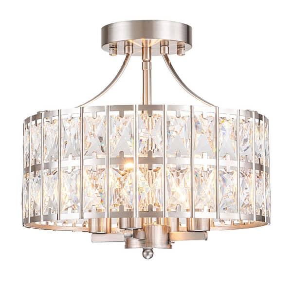 12.6 in. 4-Light Round Nickel Drum Semi Flush Mount Ceiling Light with Clear Crystal Glass with No Bulbs Included