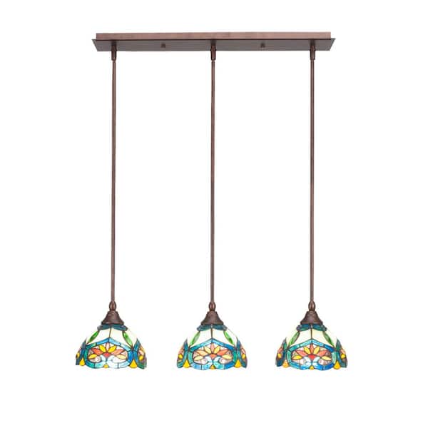 Unbranded Livingston 100-Watt 3 Light Bronze, Linear Pendant Light with 7 in. Pavo Art Glass Glass Shades No Bulbs Included