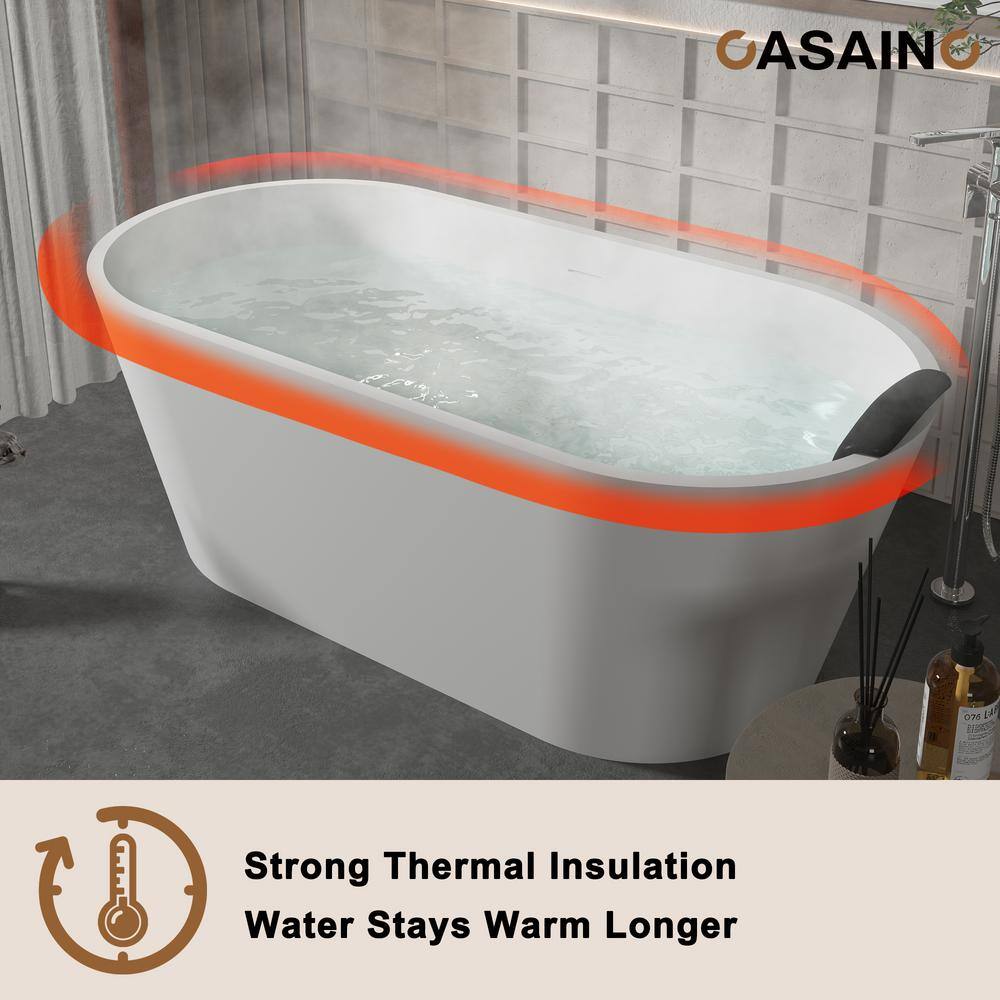 59" White Solid Surface Freestanding Soaking Bathtub with Black Pillow