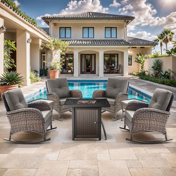 Brown 7-Piece Wicker Patio Fire Pit Set, Outdoor 4-Person Seating Set with Olefin Gray Cushions and Rocking Chairs