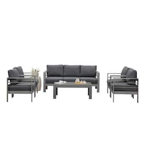 6-Piece Aluminum Patio Conversation Set with Gray Cushion with Table, Rust-Resistant, Sturdy Broad Armrest and Backrest