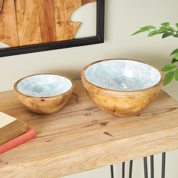 Litton Lane Light Blue Handmade Mango Wood Nesting Decorative Bowl (Set of 2)