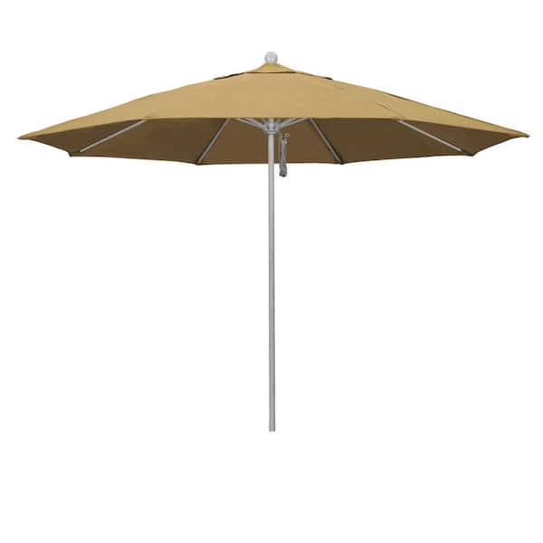 11 ft. Grey Woodgrain Aluminum Market Patio Umbrella with Fiberglass Ribs Pulley Lift in Wheat Sunbrella
