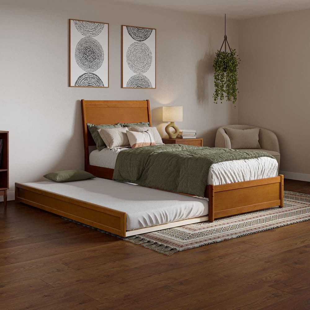 Casanova Light Toffee Natural Bronze Solid Wood Frame Twin XL Sleigh Bed with Panel Footboard and Twin XL Trundle