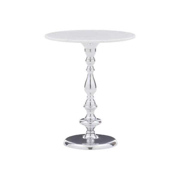 Benjara 16 in. Silver and White Round Metal End Table with Metal Base