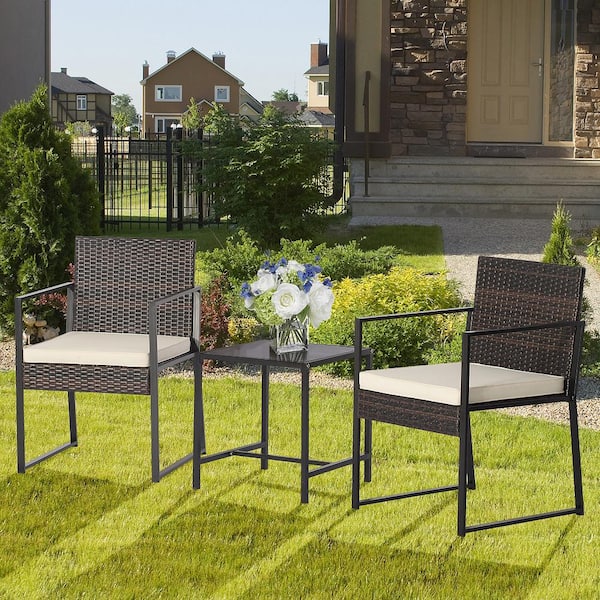 3-Piece Wicker Outdoor Bistro Patio Rattan Hand-Woven PE Bistro Set Furniture Set with Table and Off White Cushion