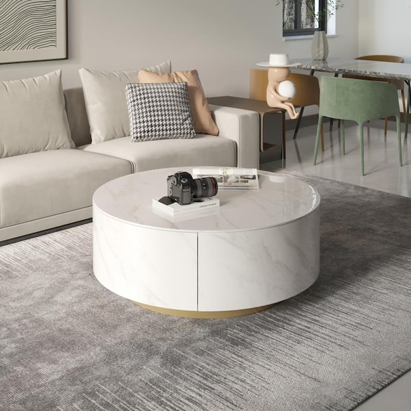 33 in. White Round Marble Top Coffee Table with Storage