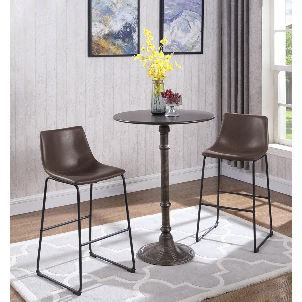 Brown Leather and Black Metal Industrial Bar Stools, Set of 2