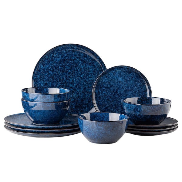 12-Piece Blue Stoneware Dinnerware Set (Service for 4), Reactive Glaze Dishes Set, Dishwasher and Microwave Safe