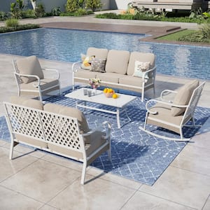 White 5-Piece Metal Outdoor Patio Conversation Seating Set with Rocking Chairs, Marbling Coffee Table and Beige Cushions