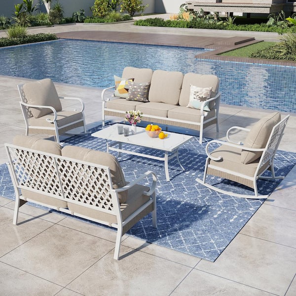 PHI VILLA White 5-Piece Metal Outdoor Patio Conversation Seating Set with Rocking Chairs, Marbling Coffee Table and Beige Cushions