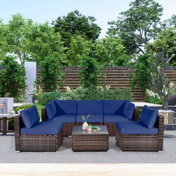 6-Piece Wicker Patio Conversation Set Outdoor Rattan Sofa Set with Navy Cushions for Garden