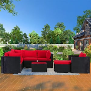 Black 8-Piece Wicker Patio Conversation Set with Red Cushions