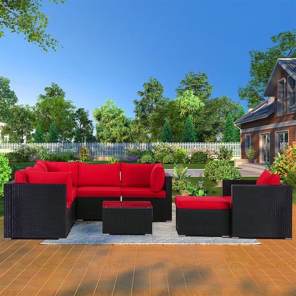 Cesicia Black 8-Piece Wicker Patio Conversation Set with Red Cushions
