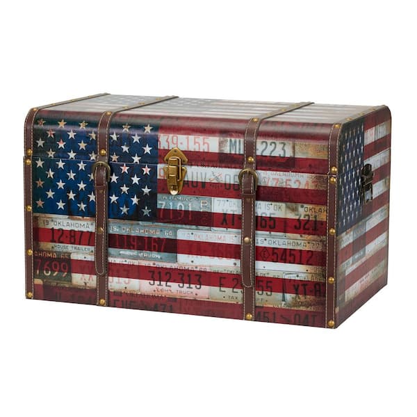 HOUSEHOLD ESSENTIALS 16.14 in. Red, White and Blue Wood Vintag Jumbo Trunk