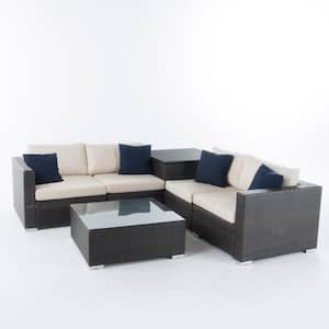 Dominique 6-Piece Wicker Outdoor Sectional Set with Beige Cushions and Includes Storage
