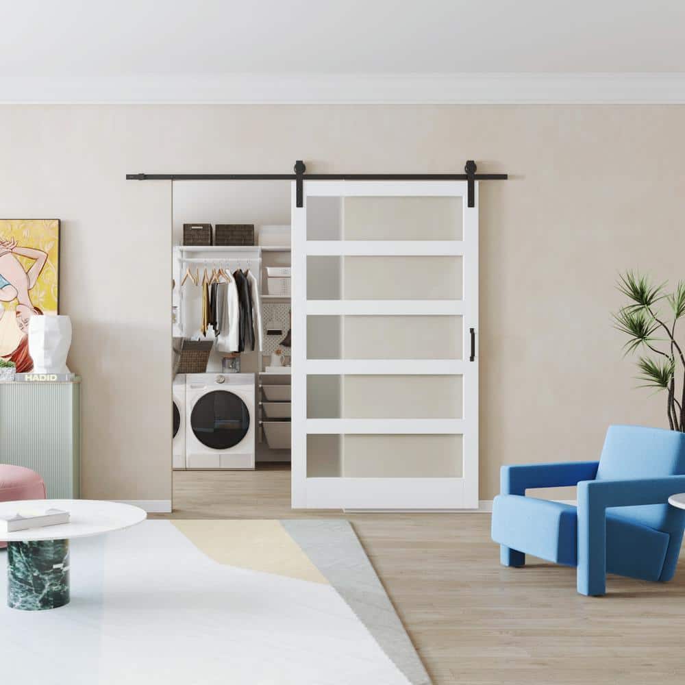 TENONER 48 in. x 84 in. White, Finished, MDF, Frosted Glass, Primed, 5