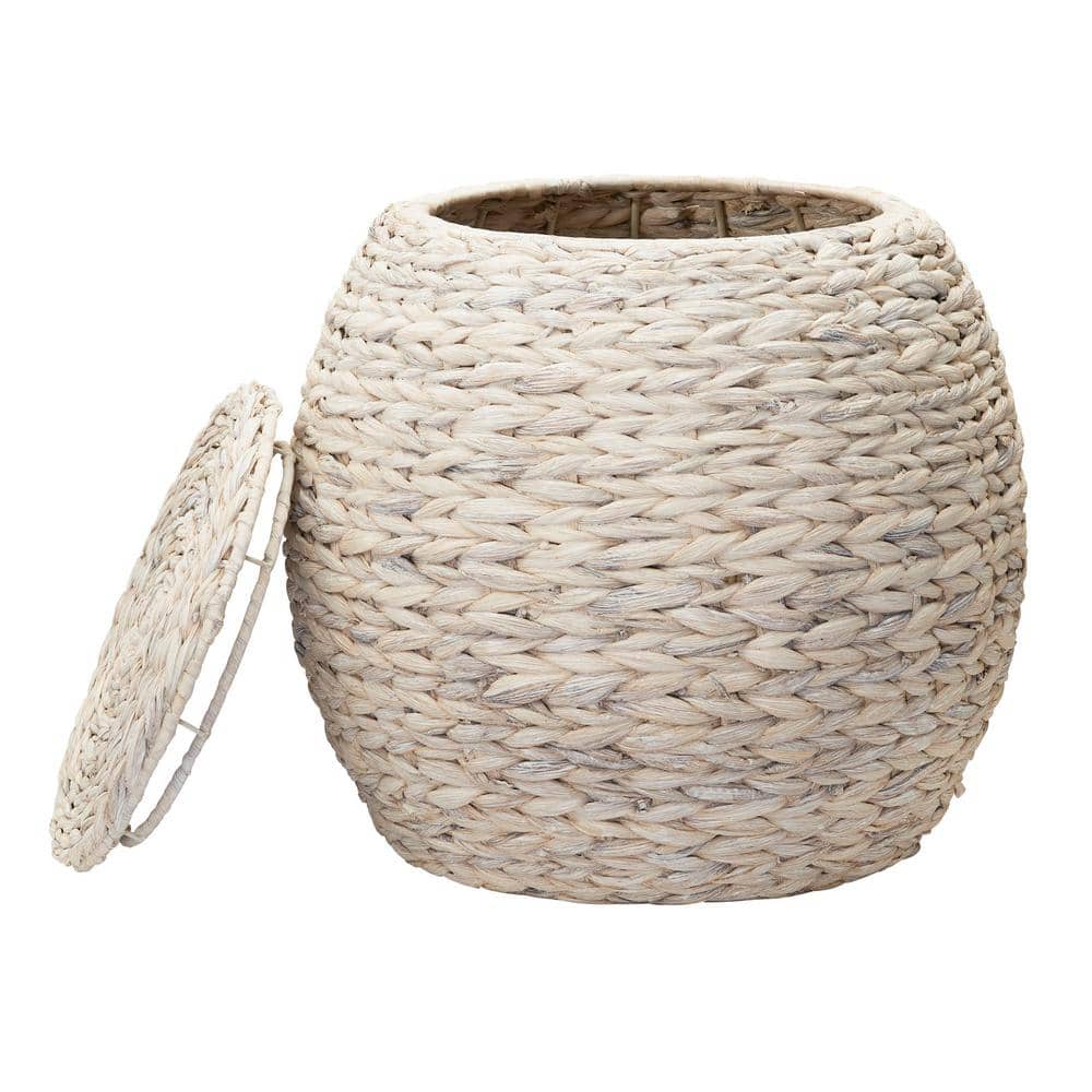 Handwoven White Wicker Round Side Table with Metal Frame