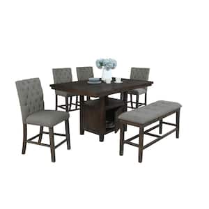 Chris 6pc Gray Linen Fabric Counter Height Wood Top Dining Set 1-Table, 4-Chairs and 1-Bench.