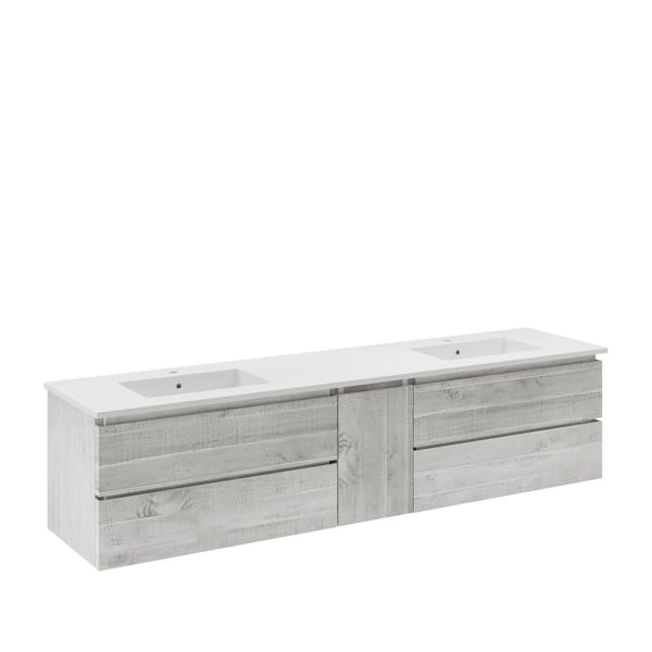 Fresca Formosa 84 in. Double Sink Wall Mount Rustic White Bath Vanity with White Quartz Top and Undermount Ceramic Sink