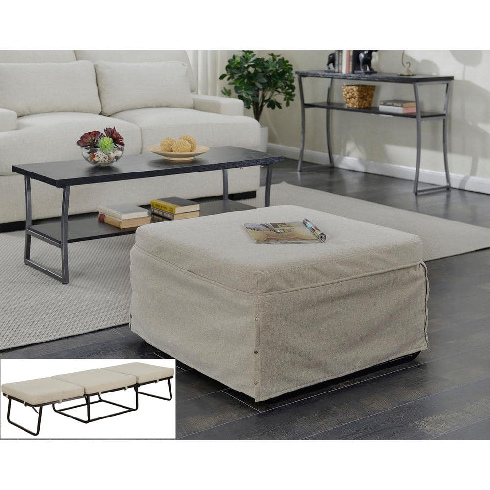 Soft Beige Fabric Folding Bed Ottoman with Metal Frame