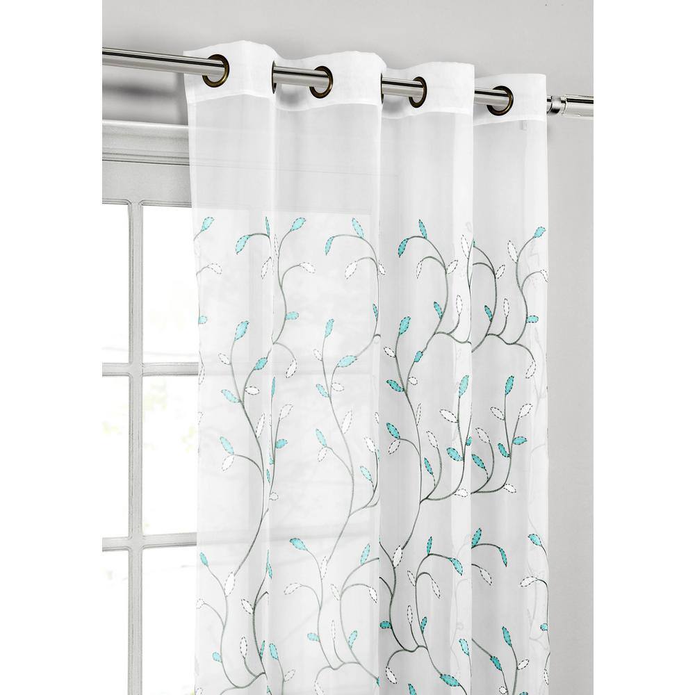 Turquoise and White Embroidered Sheer Grommet Curtain Panel 54" x 84"