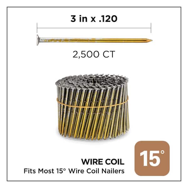 3 in. x 0.120-Gauge 15° Bright Finish Smooth Shank Wire Coil Framing Nails (2500 per Box)