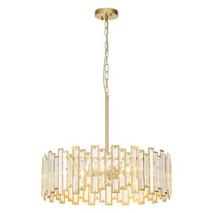 Klint 6-Light 23.6 in. Modern Glam Gold Drum Cylinder Crystal Chandelier for Dining Room with Crystal Shade