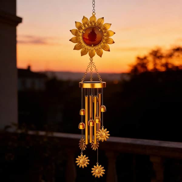 SUMMER SALE☆希少！！BEAMSスターバングル☆ 9 in. x 42 in. Metal Yellow Solar Wind Chimes with Sunflower LED