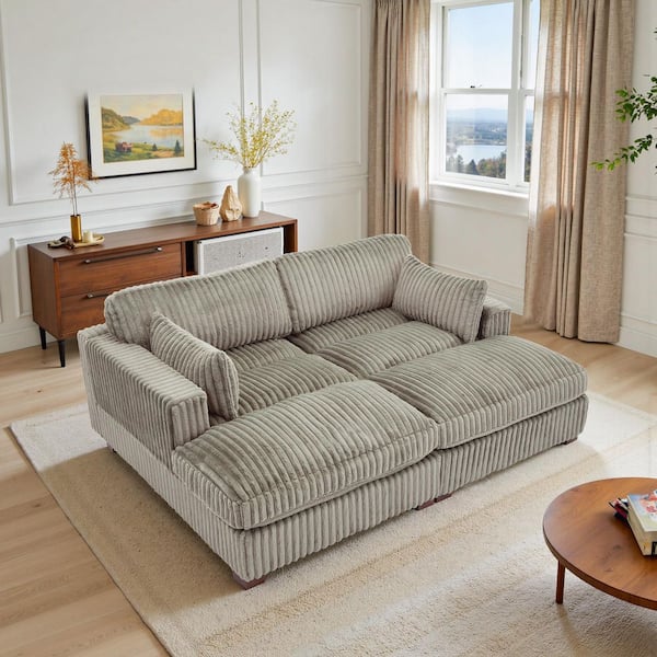 82.72 in. Modern Square Arm Faux Rabbit Fur Fabric Upholstered Sectional Sofa in. Light Brown