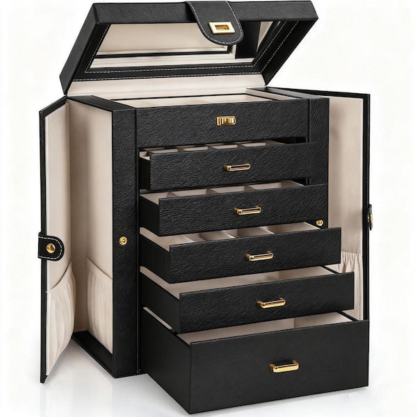 Angel Sar Huge Jewelry Box Organizer with Mirror, Large Leather