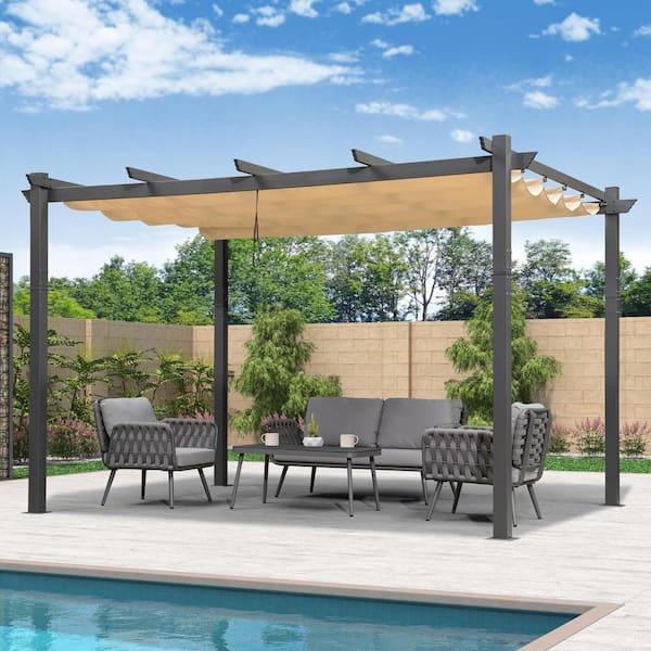 PURPLE LEAF 11 ft. x 13 ft. Gray Aluminum Frame Outdoor Patio Pergola Gazebo with Beige Retractable Sun Shade Canopy for Backyard