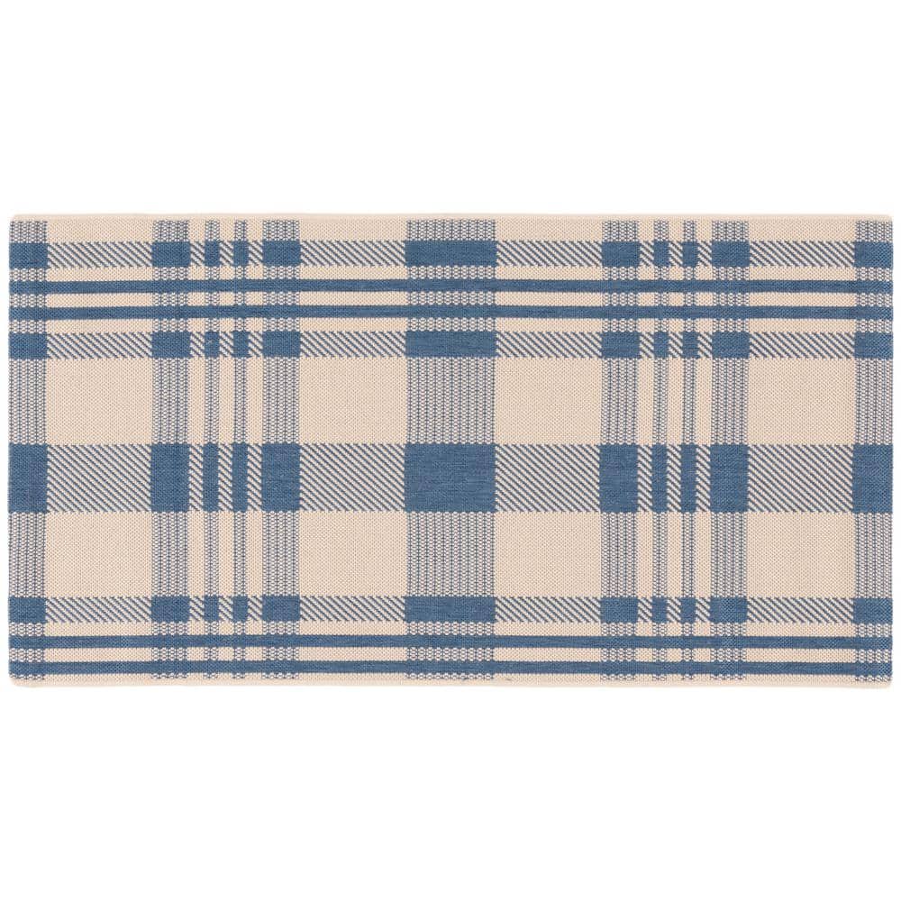 Beige and Blue Plaid Indoor/Outdoor Synthetic Rug